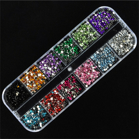 12 Colors 1200Pcs/lot Round Rhinestones Hard Case Nail Art Tips Stickers Acrylic Uv Gel Nail Decal Decor Makeup Tool 2MM ► Photo 1/5