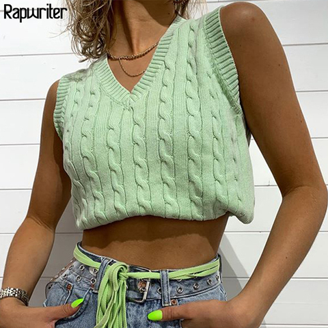 Casual Solid Y2K Geometric Pattern Knitted Sweater Vest Preppy Style V Neck Cropped Tank Top Female 90s Knitwear Autumn Winter ► Photo 1/6