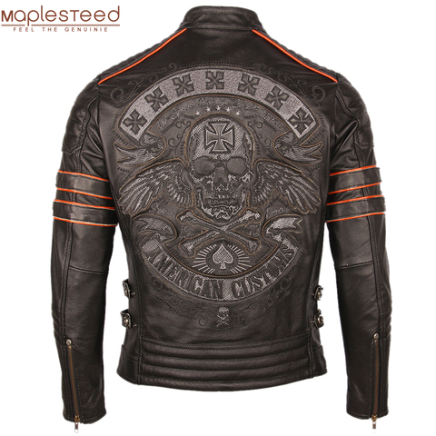 Black Embroidery Skull Motorcycle Leather Jackets 100% Natural Cowhide Moto Jacket Biker Leather Coat Winter Warm Clothing M219 ► Photo 1/6