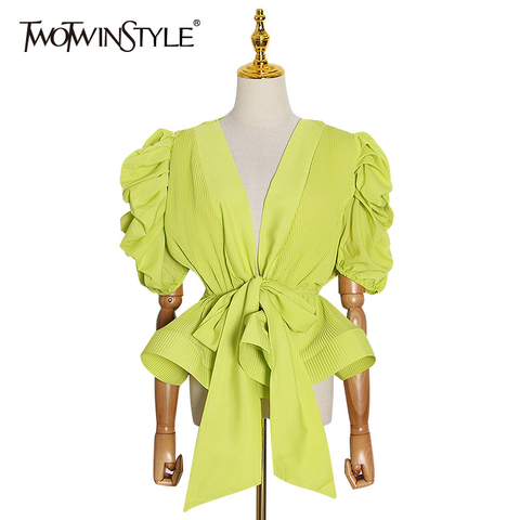 TWOTWINSTYLE Elegant Loose Women Shirt V Neck Puff Half Sleeve Tunic Lace Up Bow Patchwork Ruffles Blouse Female Fashion Summer ► Photo 1/6