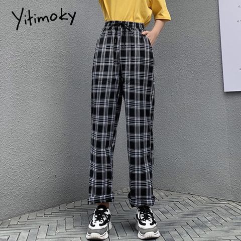 Korean Style Plaid Wide Leg Pants For Women Plus Size, High Waist