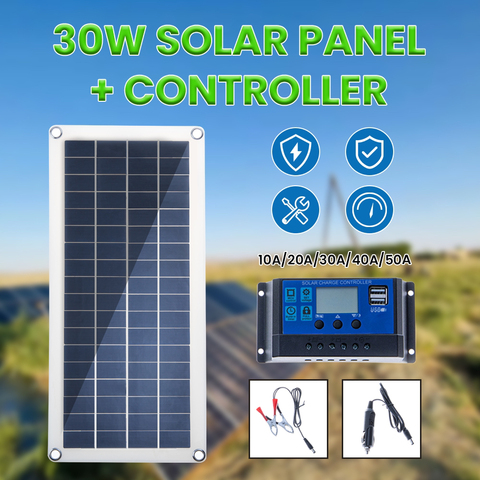 CNH Solar Panel 30W 12V Dual USB Output Solar Cells Poly Solar Panel 10/20/30/40/50A Controller for Car Yacht Battery Boat Charg ► Photo 1/5