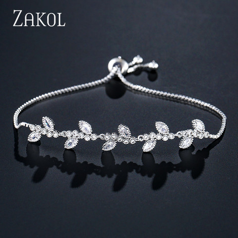 ZAKOL Trendy Cubic Zirconia White Color Leaf Charm CZ Crystal Female Adjustable Bracelets For Women Wedding Jewelry FSBP2074 ► Photo 1/6