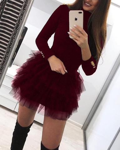Buttoned Long Sleeve Solid Spliced Mini Dress Women Sexy Party Dress ► Photo 1/6