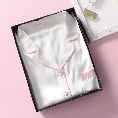 QWEEK 2022 Silk Pajamas for Women Summer Sleepwear Two Pieces Set Heart Embroidery Home Clothes Pijama Long Sleeve Nightwear ► Photo 1/6
