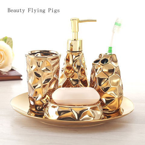 Ceramic bathroom set four-piece Gold tooth brush holder Soap Dispenser soap box bathroom decoration accessories Wedding gifts ► Photo 1/5