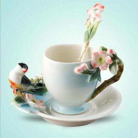 Ceramic Cup Magpies Plum Blossom Enamel color Coffee Cup with Saucer and Spoon European Creative Tea cups tea cup set ► Photo 1/1