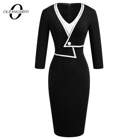 Women Brief Patchwork Button Elegant V-Neck Office Lady Bodycon Pencil Dress EB413 ► Photo 1/5