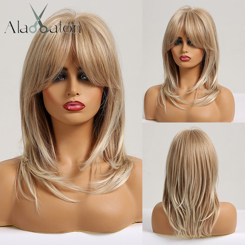 ALAN EATON Medium Wavy Synthetic Ombre Natural Blonde Ash Hair Wigs with Bangs for Women Afro Daily Lolita Cosplay Party Wig ► Photo 1/6