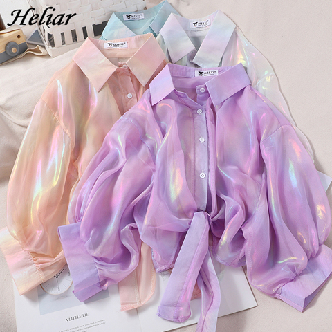 HELIAR Women Shining Sparkles Shirts Long Sleeve Button Up Chiffon Shirts Transparent Sexy Blouses For Women 2022 Autumn ► Photo 1/6