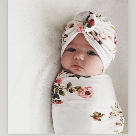 2pcs/set Baby Swaddle Wrap Baby Blankets Newborn Cotton Swaddle Wrap Headband Baby Hat Turban Beanie Newborn Photography Prop ► Photo 1/6