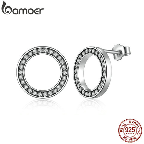 BAMOER Forever Clear CZ 925 Sterling Silver Circle Round Stud Earrings with CZ Jewelry GIFT Oorbellen Bijoux PAS437 ► Photo 1/6