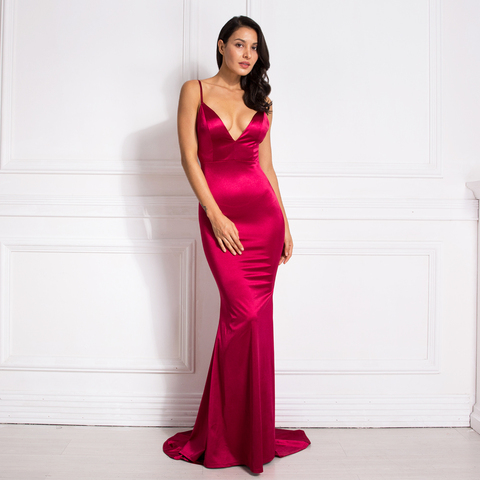 Deep V-Neck Burgundy Cut Out Sling Mermaid Dress Bodycon Floor Length Open Back Stretch Satin Evening Party Dress ► Photo 1/6