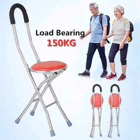 2 in 1 Foldable Elderly Care Walking Cane Stick Chair Four Legs Up to 150 KG Adjustable Cane Chair Stool Seat Portable Crutch ► Photo 1/6