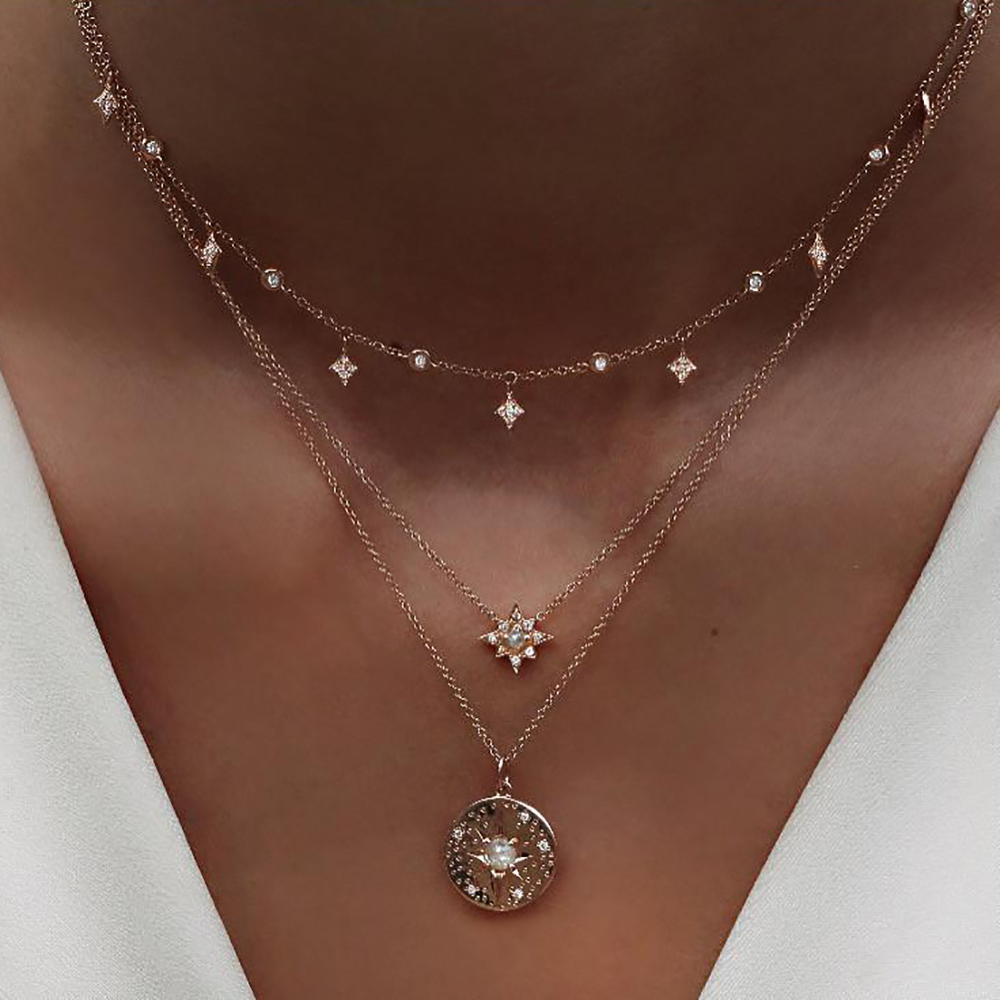 Women Multilayer Choker Necklace Crystal Star Chain Gold Simple Summer Jewelry 