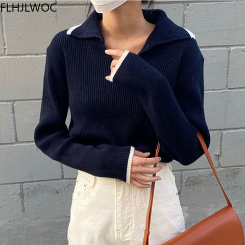 Chic Korean Femme Tops Women Fashion Winter Spring Basic Wear Jumpers Solid Knitted Pullovers Short Sweaters ► Photo 1/6