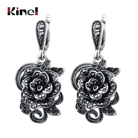 Kinel Vintage Crystal Rose Flower Drop Earrings For Women Antique Silver Color Black CZ Fashion Jewelry Earrings Gift ► Photo 1/6