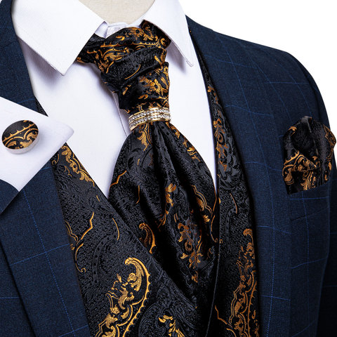 Men Gold Paisley Silk Waistcoat Ascot Tie Pocket Square Necktie Ring Set Wedding Formal Dress Vests Sleeveless Jacket DiBanGu ► Photo 1/6