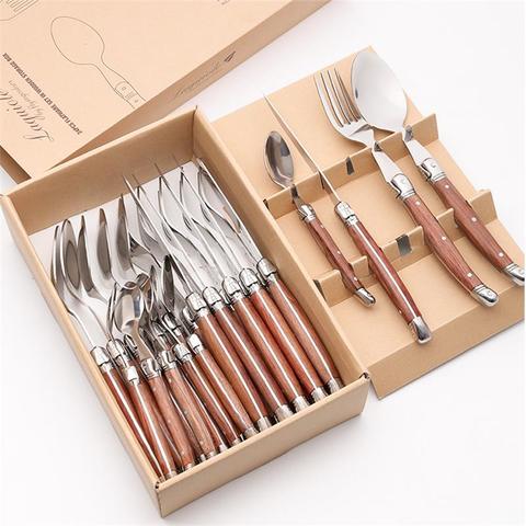 24pcs Laguiole Style Tableware set Wood Handle Dinnerware Steak Knives Forks and Spoon Stainless steel Japanese Kitchen Cutlery ► Photo 1/6