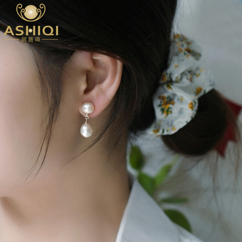 ASHIQI 8-9mm White Baroque Double Pearl Drop Earrings for Women with 925 Sterling Silver Handmade wedding Jewelry Gift ► Photo 1/6