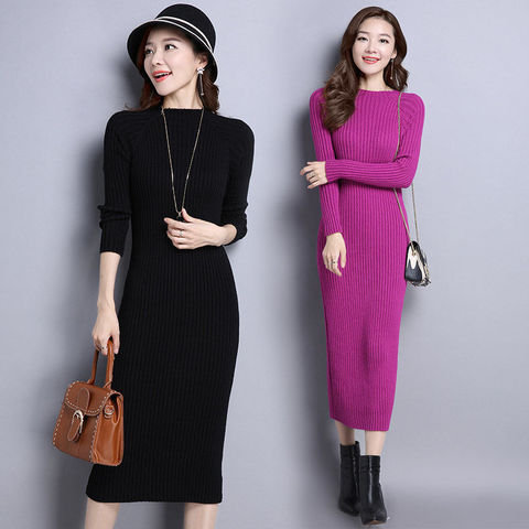 Autumn Woollen Dress Lady Pullover Women's Mid-Length Bottoming Shirt Super Stretchy Slim-Fit Long Dresses for Women Plus Size ► Photo 1/6