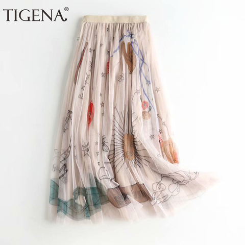 TIGENA 90cm Maxi Tulle Skirt Women Korean Style Fashion Beautiful Print A Line High Waist Pleated Long Skirt Female Pink Black ► Photo 1/6