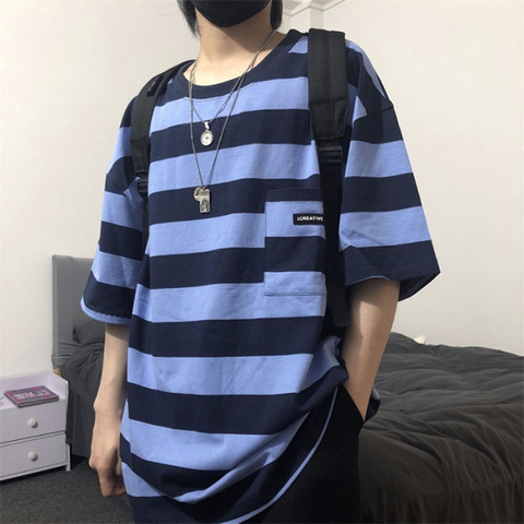 Hot Hip Hop stripe Youthful vitality Short slevees t shirt Harajuku loose Unisex Punk Style casual top Kpop Pullover streetwear ► Photo 1/6