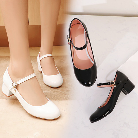 YQBTDL Summer Concise Black White Pu Patent Leather Block Chunky Heels Student Princess Dress Show Mary Jane Shoes Pumps Women ► Photo 1/6