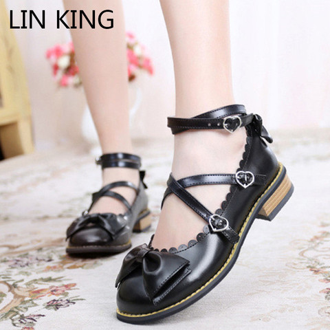 LIN KING Bowtie Women Low Heel Pumps Fashion Square Heels Buckle Straps Cosplay Maid Shoes Kawaii Princess Lolita Shoes Big Size ► Photo 1/6