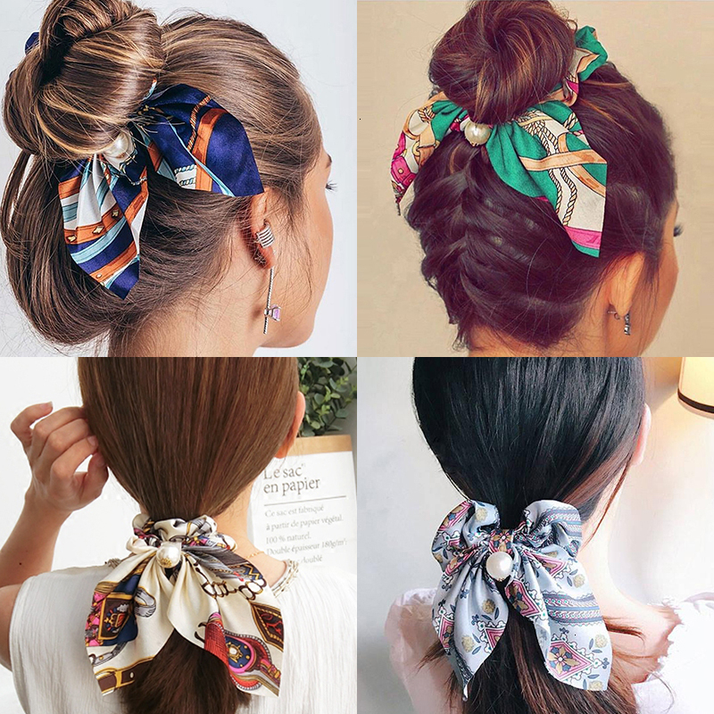 Chiffon Bowknot Silk Hair s Women Pearl Ponytail Holder Hair Tie Hair Rope Rubber Bands Hair Accessories,Navy 1