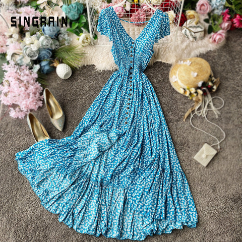 SINGRAIN Women Summer Floral Maxi Dress Bohemian Irregular Ruched Backless Ruffle Dress Vintage Long Cotton Print Beach Sundress ► Photo 1/6