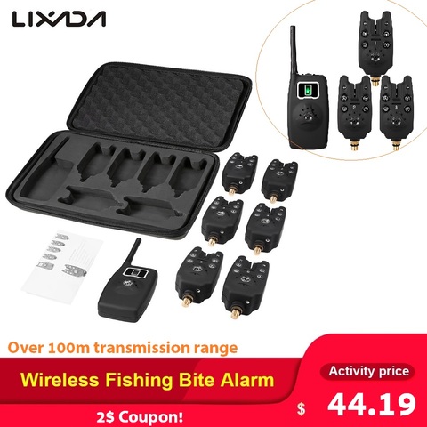 Lixada Wireless Digital Fishing Bite Alarm with LCD Screen Indicator 1 Receiver 6 Fishing Transmitter with Zippered Case ► Photo 1/6