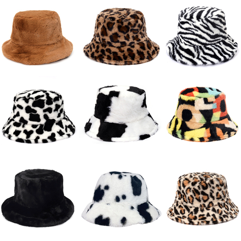 Winter Cow Leopard Print Faux Fur Plush Bucket Hats For Women Outdoor Warm Hat Soft Velvet Fisherman Cap Lady Fashion Panama ► Photo 1/6