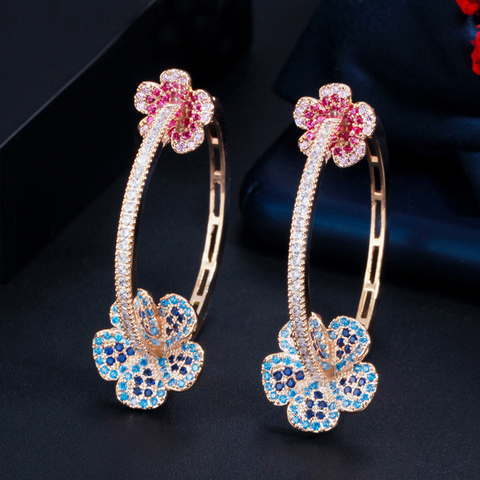 CWWZircons Designer Elegant Micro Pave Blue Red CZ Light Gold Color Big Round Flower Hoop Earrings for Women Jewelry Gift CZ810 ► Photo 1/6