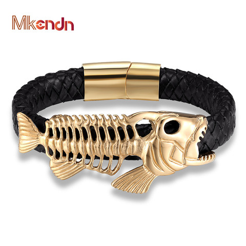 MKENDN Punk Style Design Gold Fish Bones Genuine Leather Bracelet for Men Stainless Steel Magnetic Button Gift Male Bracelets ► Photo 1/6