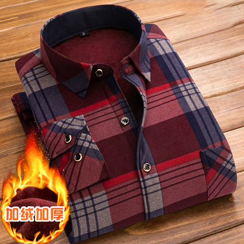 Men's Winter Long Sleeve Plaid Flannel Fur Lined Thick Work Shirts fleece warm long sleeve shirt for men dress shirts ► Photo 1/6