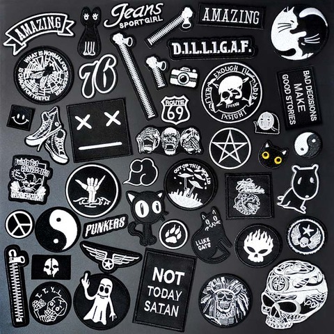 (46 Styles) 1 PCS Black and White Patches for Clothes Iron on letter  Appliques DIY Skull Stripes Embroidery Sticker Round Badges
