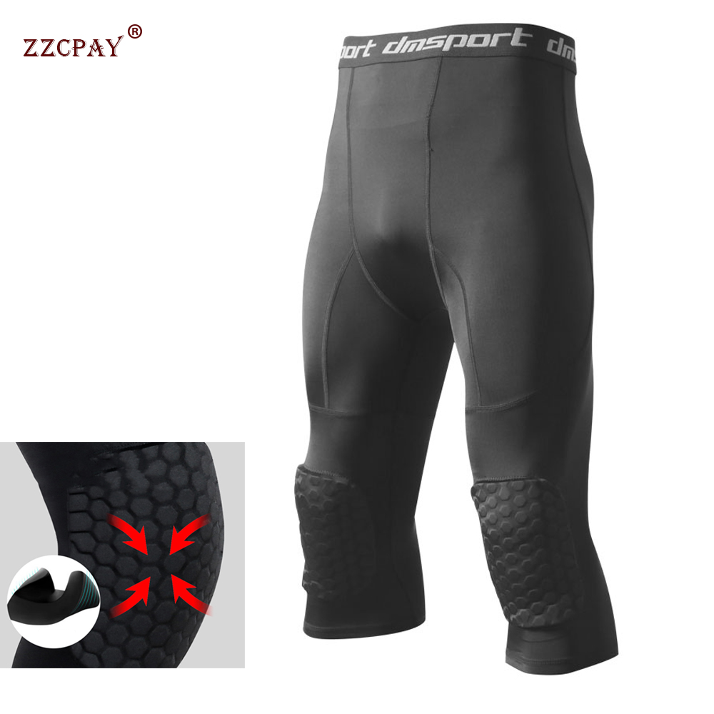 Men S Safety Anti-collision Pants Basketball Training 3/4 Tights Leggings  With Knee Pads Protector Sports Compression Trousers