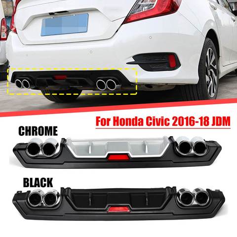 Black/Chrome Rear Lower Bumper Diffuser with Dual Exhaust Tip Outlet Pipe Decor For Honda For Civic 10th Sedan 4 Door 2016-18JDM ► Photo 1/6