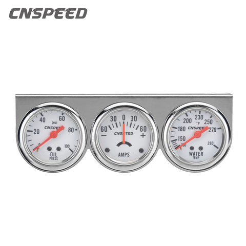 CNSPEED 2inch Chrome Panel Oil Pressure gauge Water Temp gauge Amp Meter Triple Gauge kit Set White Face Car meter YC101323 ► Photo 1/6