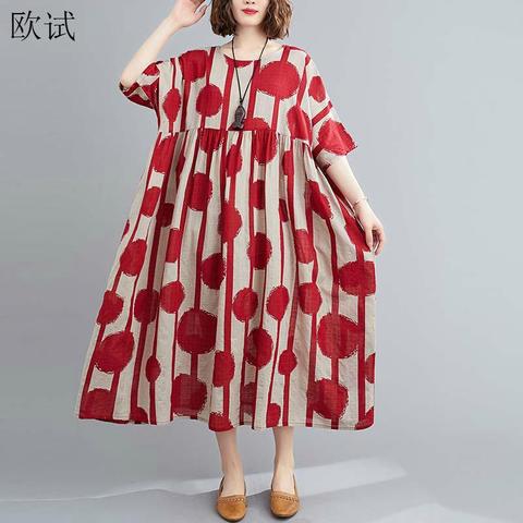 Plus Size Vintage Polka Dot Simmer Dress Cotton Casual Ladies Dresses for Women 4XL 5XL 6XL Robe Femme Red Long Dress 2022 ► Photo 1/6