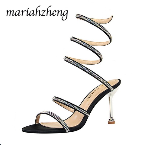 Meriahzheng 8CM 2022 Sexy Club Banquet Women's Shoes Stiletto High-heel Snake Wrap Strap Rhinestone Ankle Wrap Strap Sandals DS ► Photo 1/6