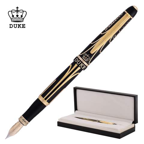 Duke Pioneer 14K/8K Gold Fountain Pen Advanced Chromed Beautiful Golden-Black Lines Fine Point 0.5mm & Gift Box for Collection ► Photo 1/6
