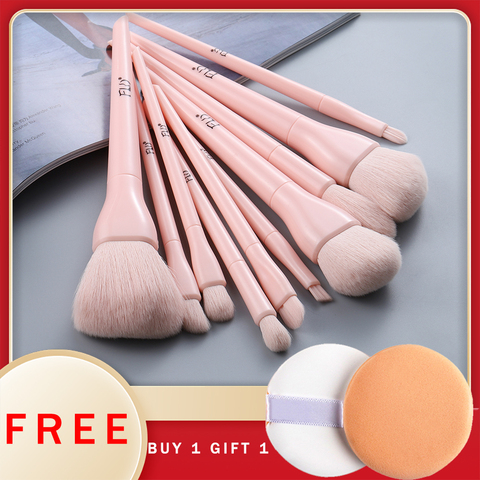 FLD 10pcs Natural Hair Colorful Makeup Brushes Professional Foundation Powder Blush Eyeshadow Eyebrow Kabuki Blending Brush Set ► Photo 1/6