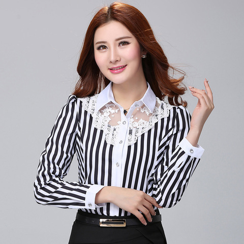 Stripe Blouse Women Shirts Sexy Lace Hollow Out Long Sleeve Large Size Slim Office Lady Bottoming Tops Female Clothing ► Photo 1/6