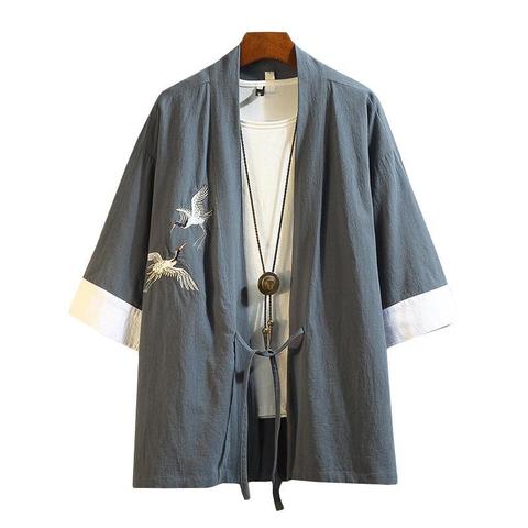 M-5XL Japanese Streetwear Kimono Shirt Men Chinese Dragon Embroiderd 3/4 Sleeve Collarless Shirts Cotton Office Wear XXXXXL ► Photo 1/6