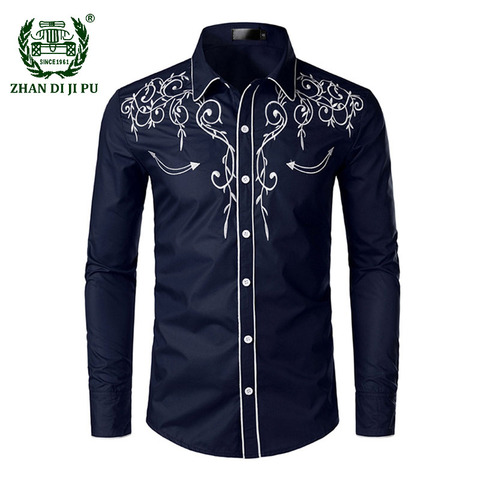 Western Cowboy Embroidery Shirts Men Casual Long Sleeve Slim Fit Shirt Male Wedding Party Social Men's Club Prom Chemise Homme ► Photo 1/6