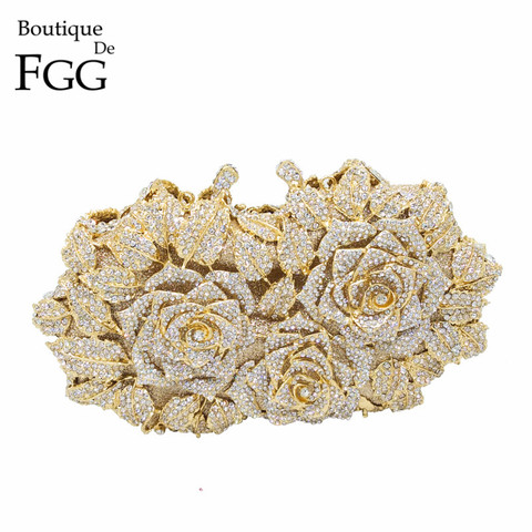 Dazzling Women Gold Rose Flower Hollow Out Crystal Evening Metal Clutches Small Minaudiere Handbag Purse Wedding Box Clutch Bag ► Photo 1/6