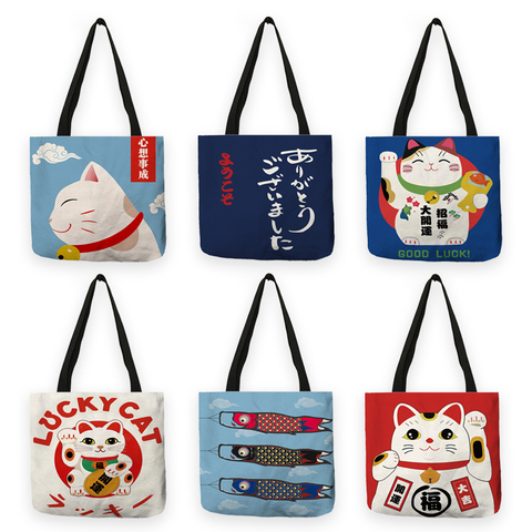 B13011 Cute Iapanese Fortune Cat Print Women Handbags Shoulder Bag Reusable Shopping Bags Large Capacity ► Photo 1/6