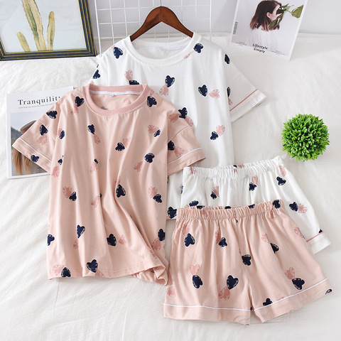 Women's 100% cotton short-sleeved shorts in summer pajamas cartoon summer sports and leisure two-piece suits can be worn out ► Photo 1/6